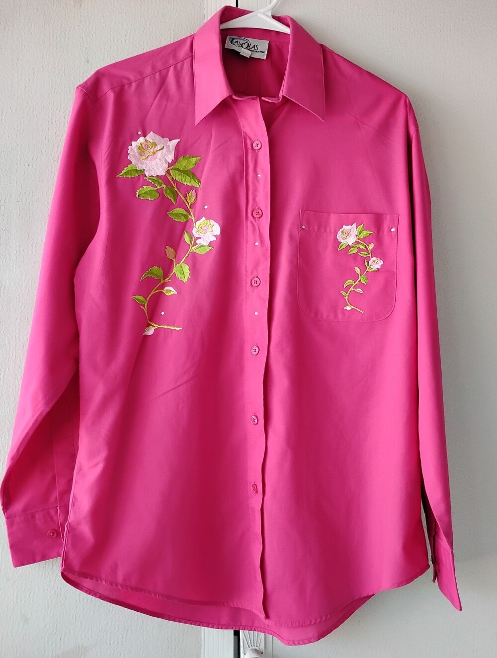Women Floral Embroidered Button-Up Shirt - Hot Pink